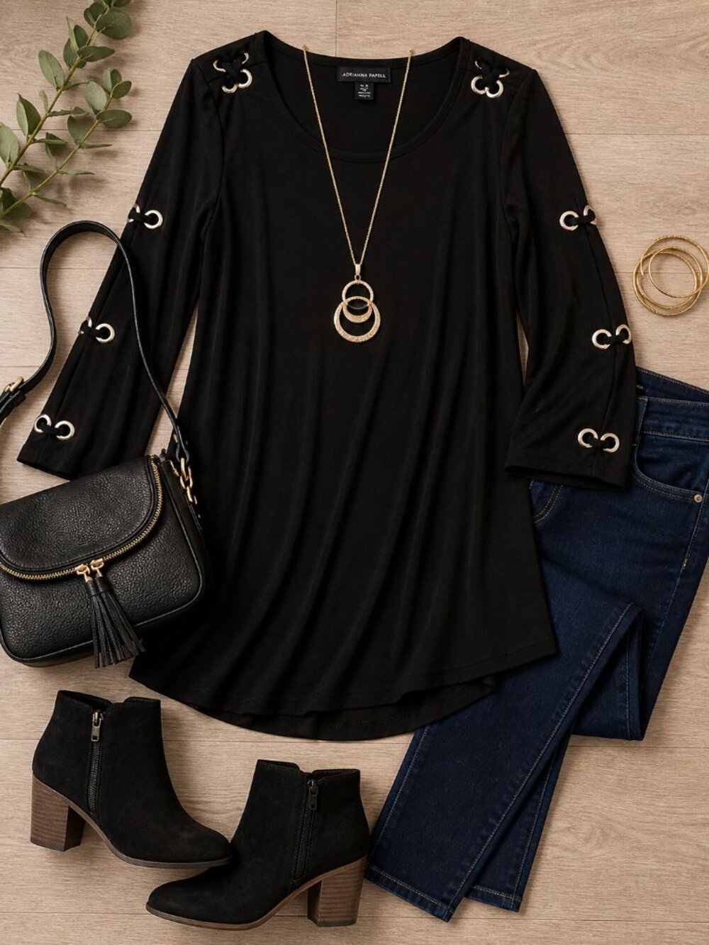 Adrianna Papell Black Tunic Top Scoop Neck Ring Detail Stretch Chic Size XL